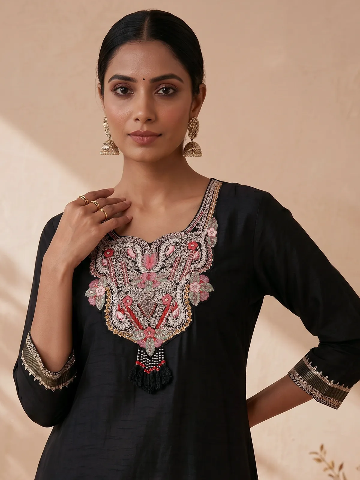 Black designer crepe silk palazzo suit
