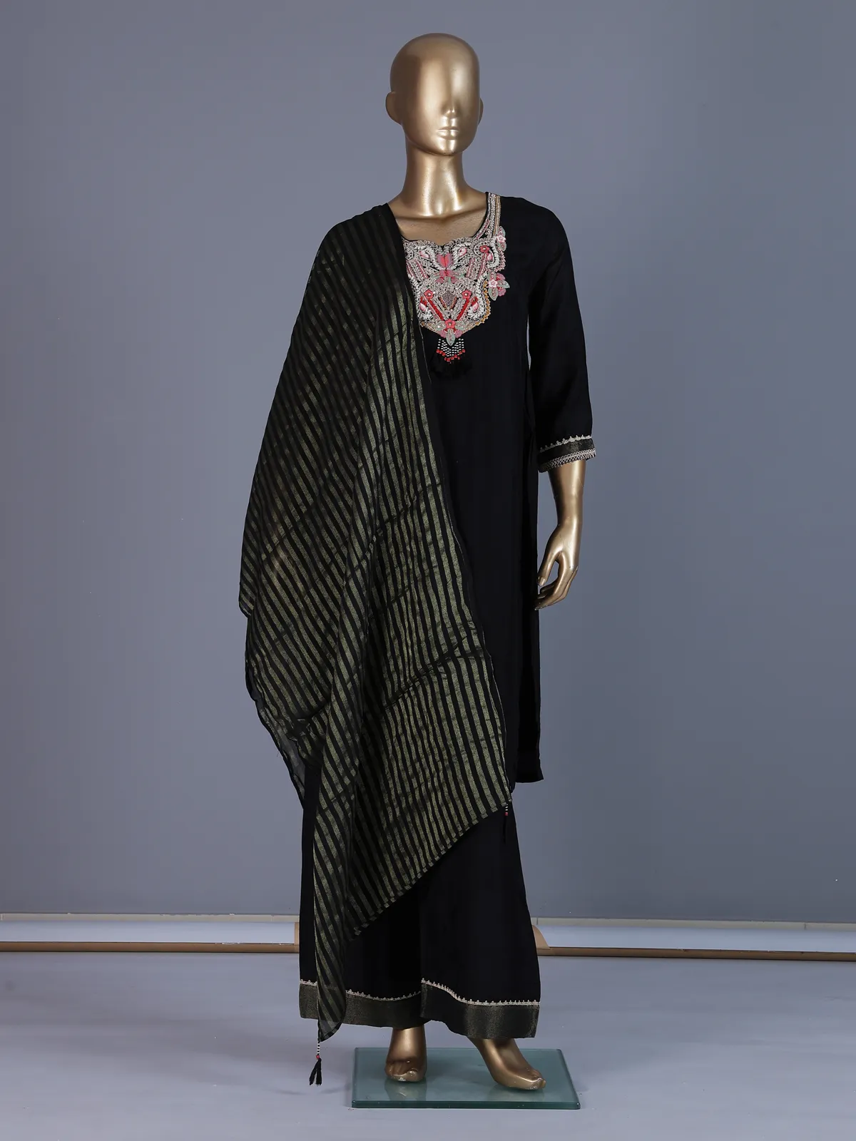 Black designer crepe silk palazzo suit