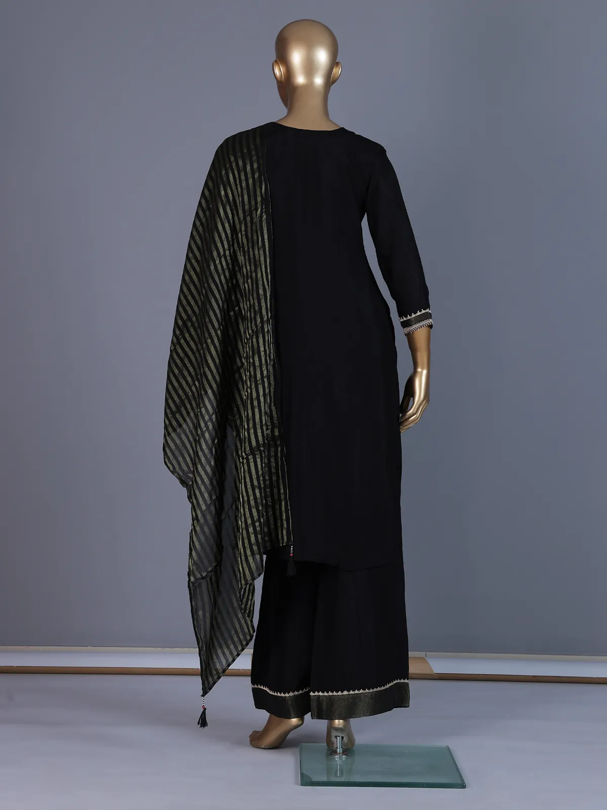 Black designer crepe silk palazzo suit