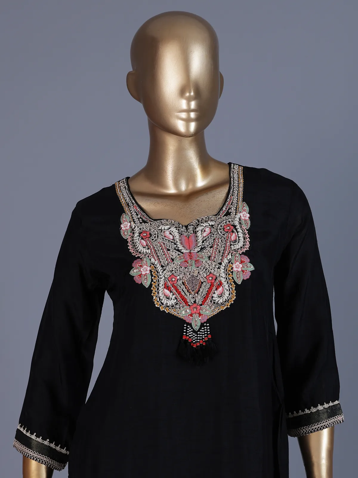 Black designer crepe silk palazzo suit