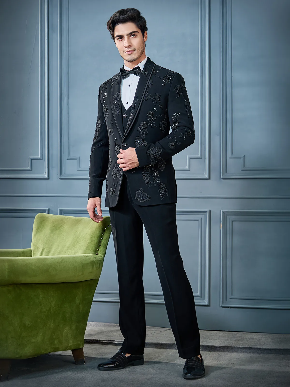 Black Designer Tuxedo Suit In Rich Work