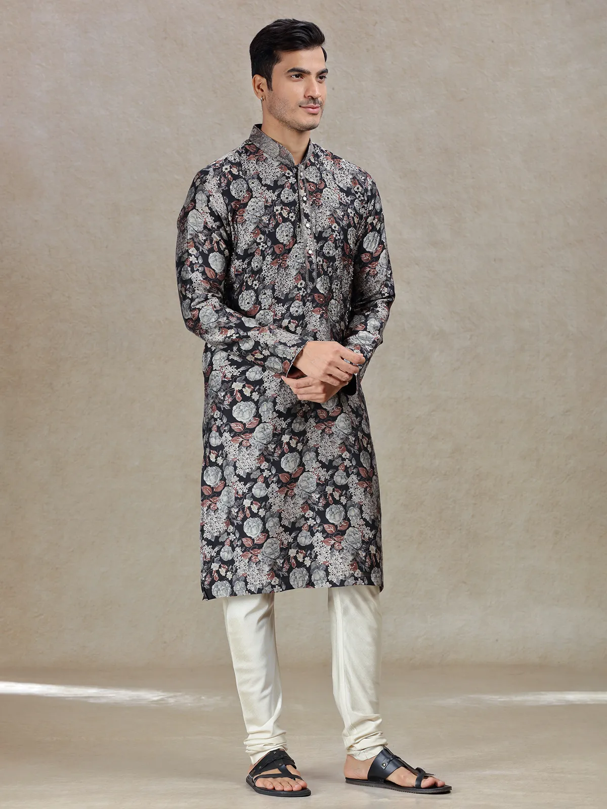 Black elegant sophisticated mens kurta set in tussar silk