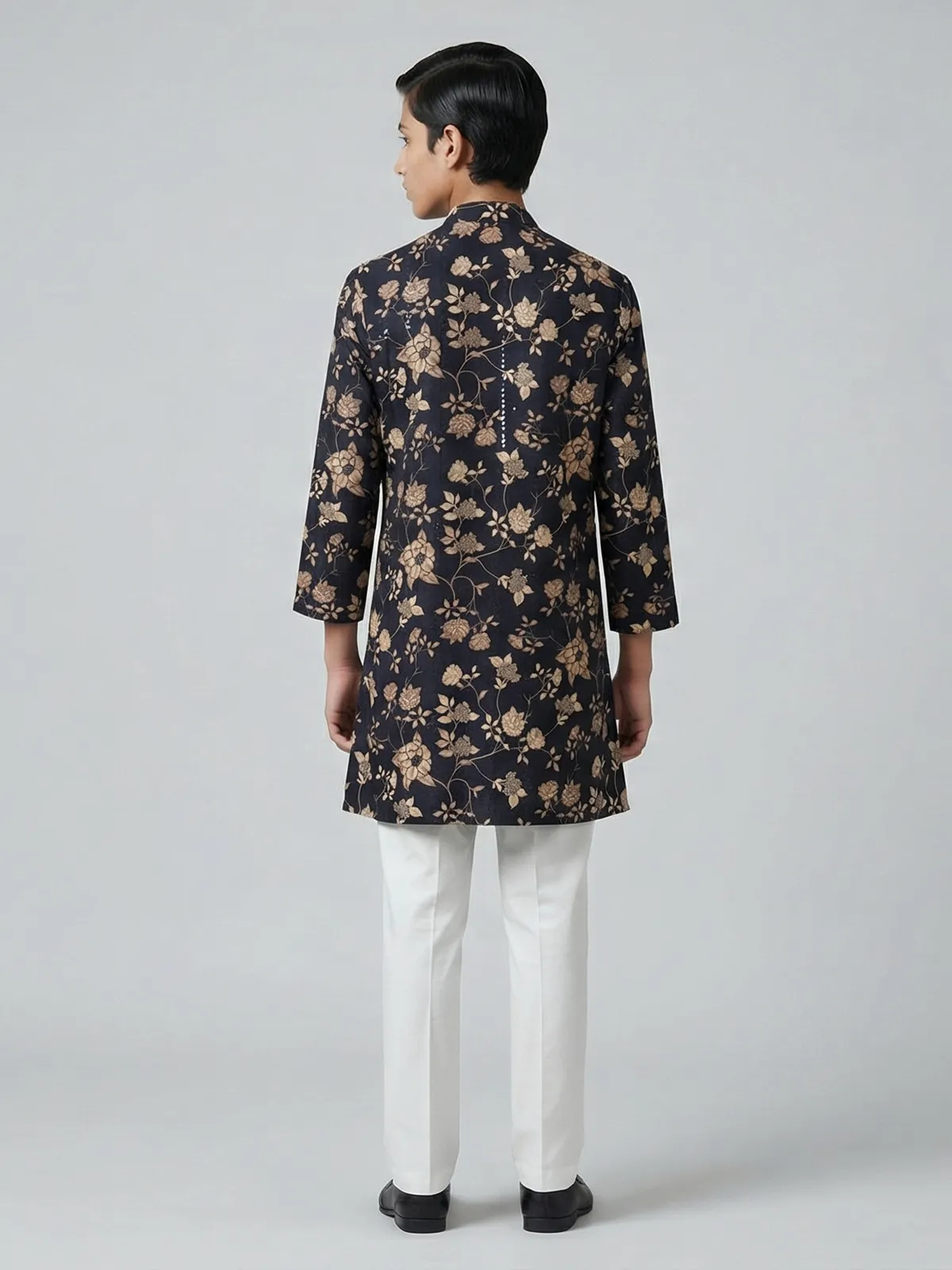 Black floral printed embroidered work kurta suit