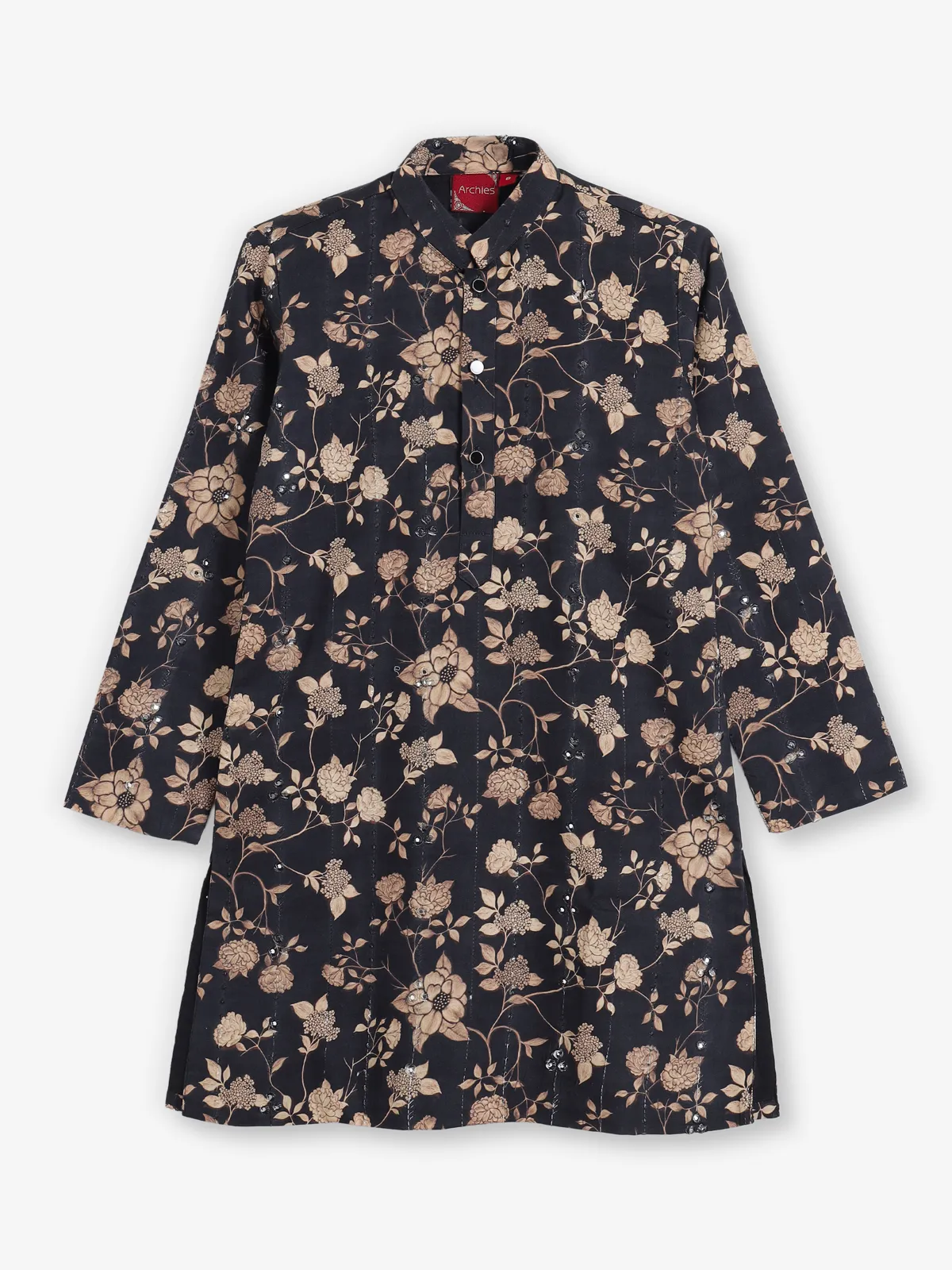 Black floral printed embroidered work kurta suit