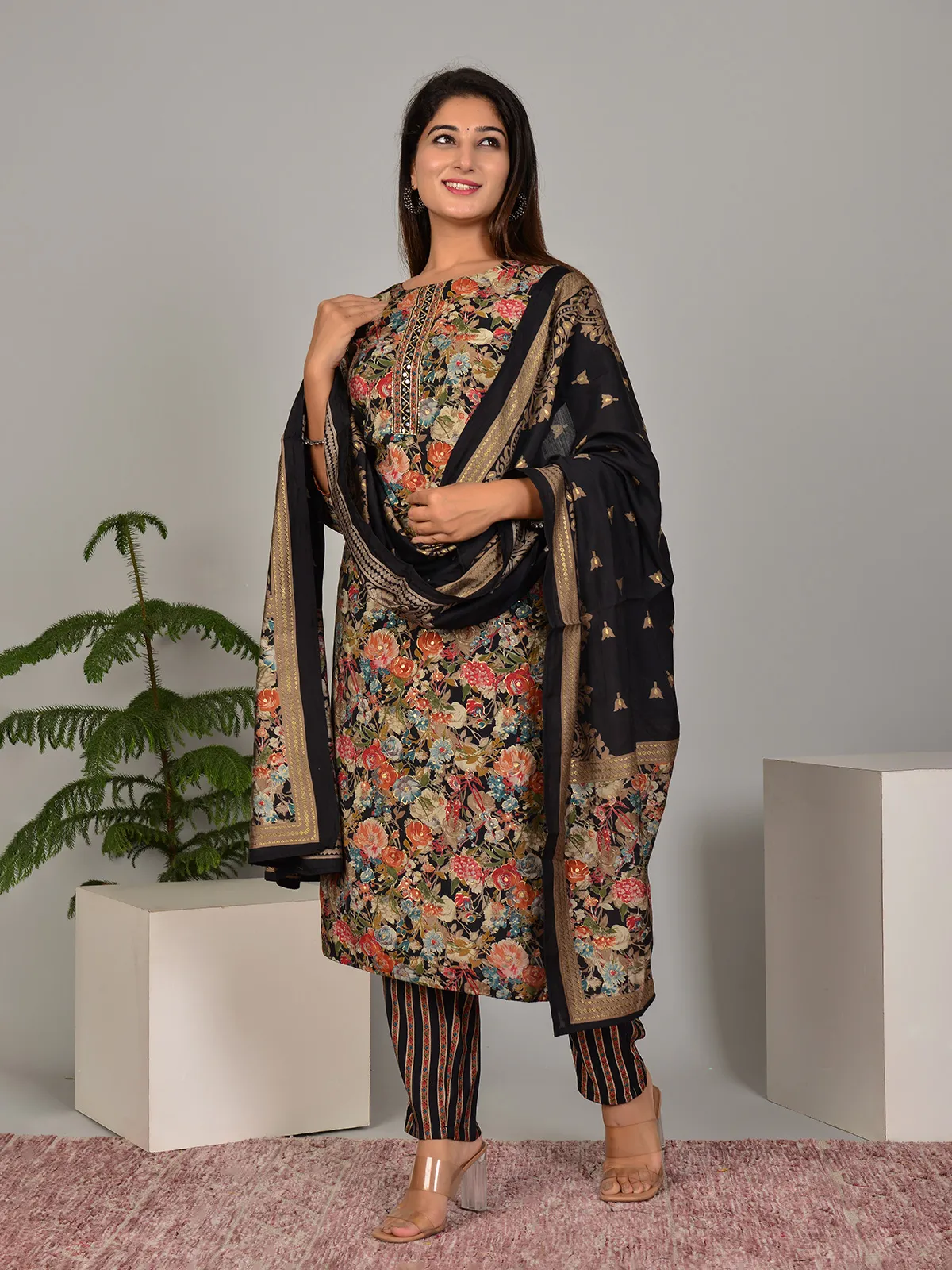 Black floral printed kurti set with dupatta