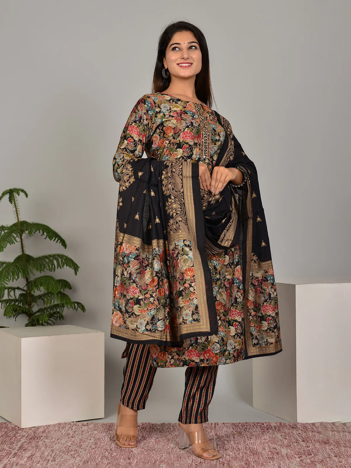 Black floral printed kurti set with dupatta