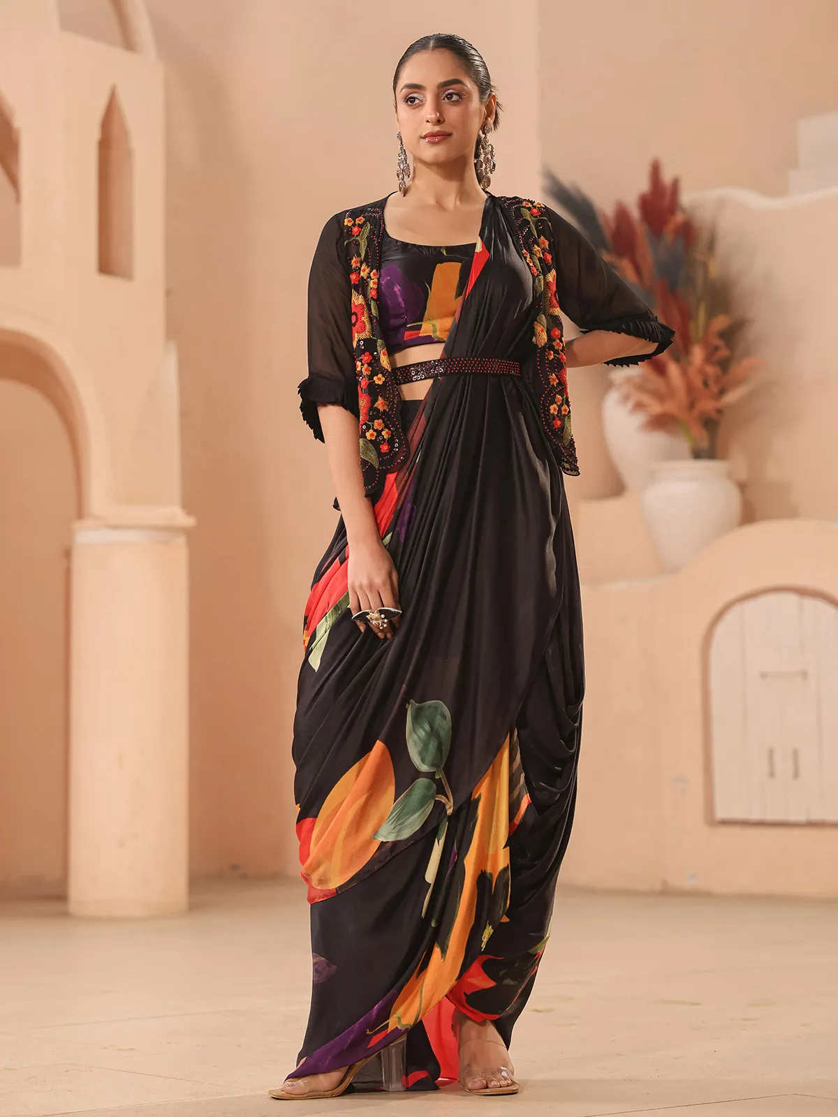 Black floral printed saree with jacket