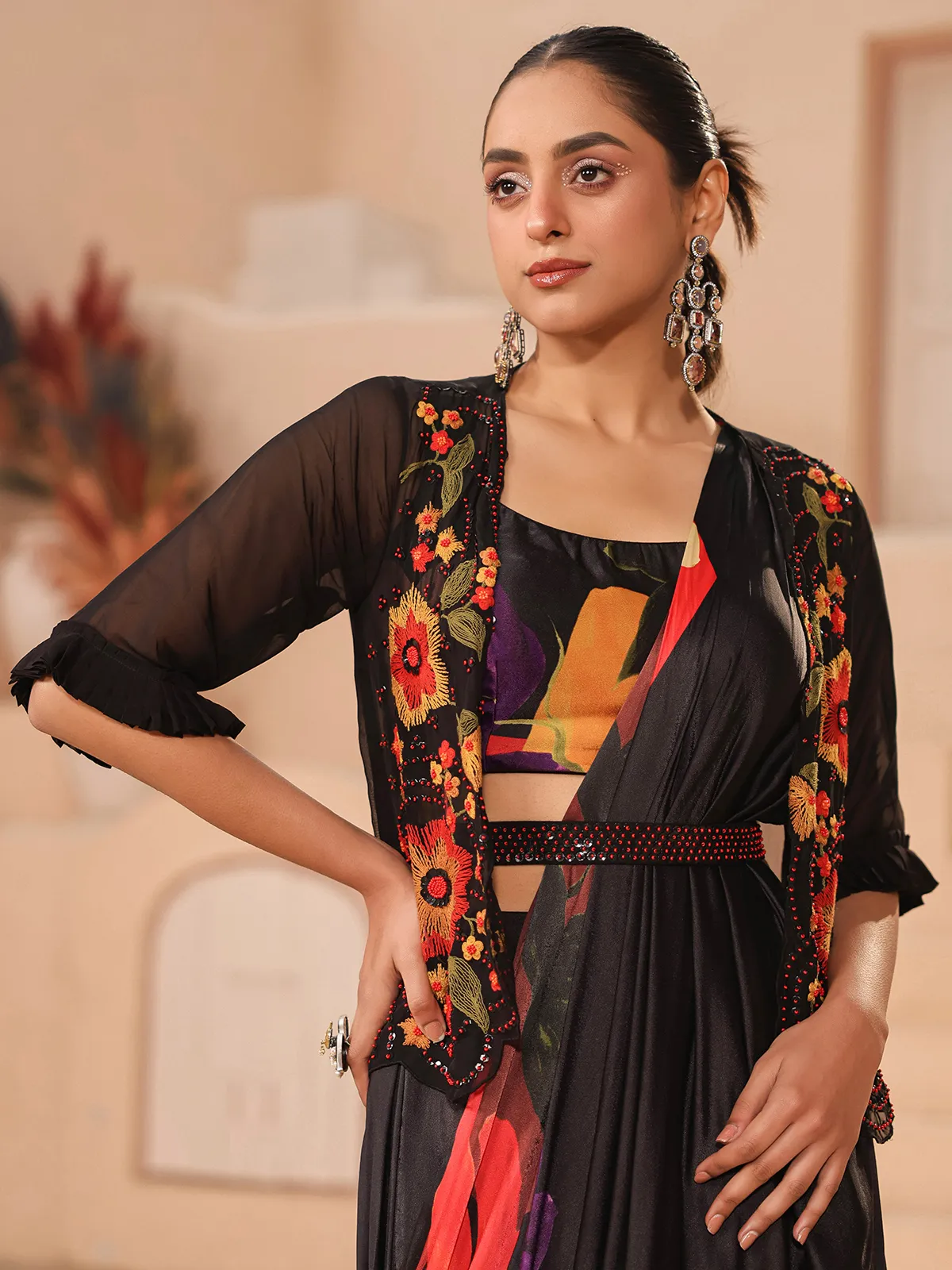 Black floral printed saree with jacket