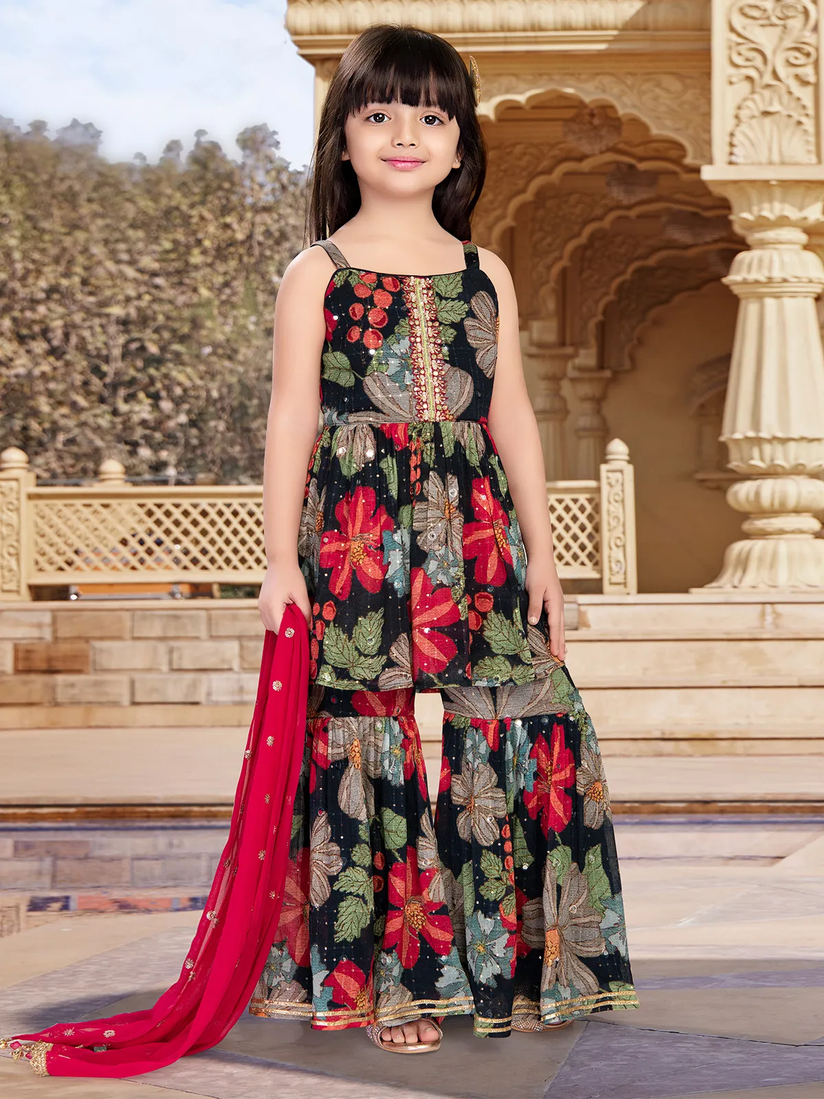 Black floral printed sharara suit