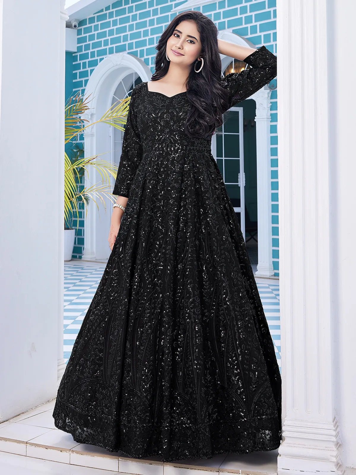Black georgette embroidery gown