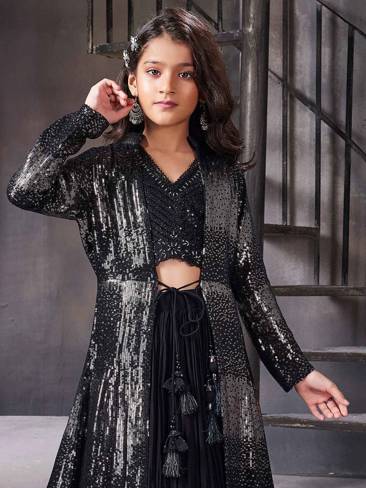 Black georgette lehenga choli with jacket for girls