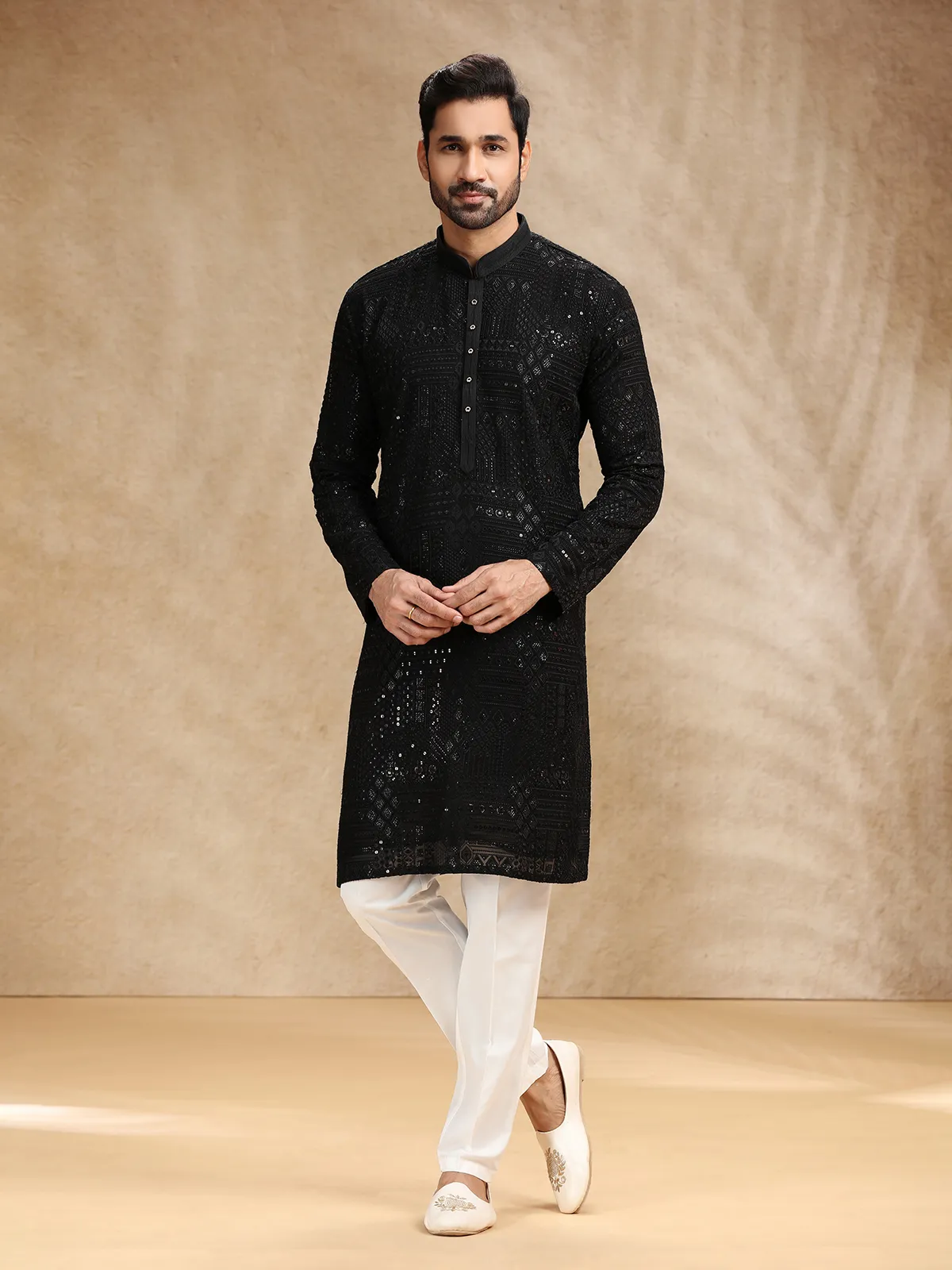 kurta pajama dress Black Georgette Men Kurta Pajama