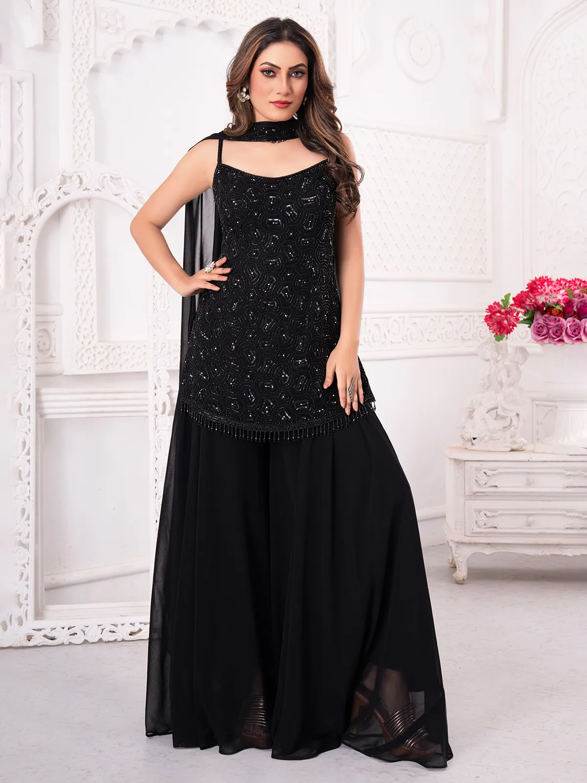 Black Georgette Palazzo Set With Subtle Sequin Work