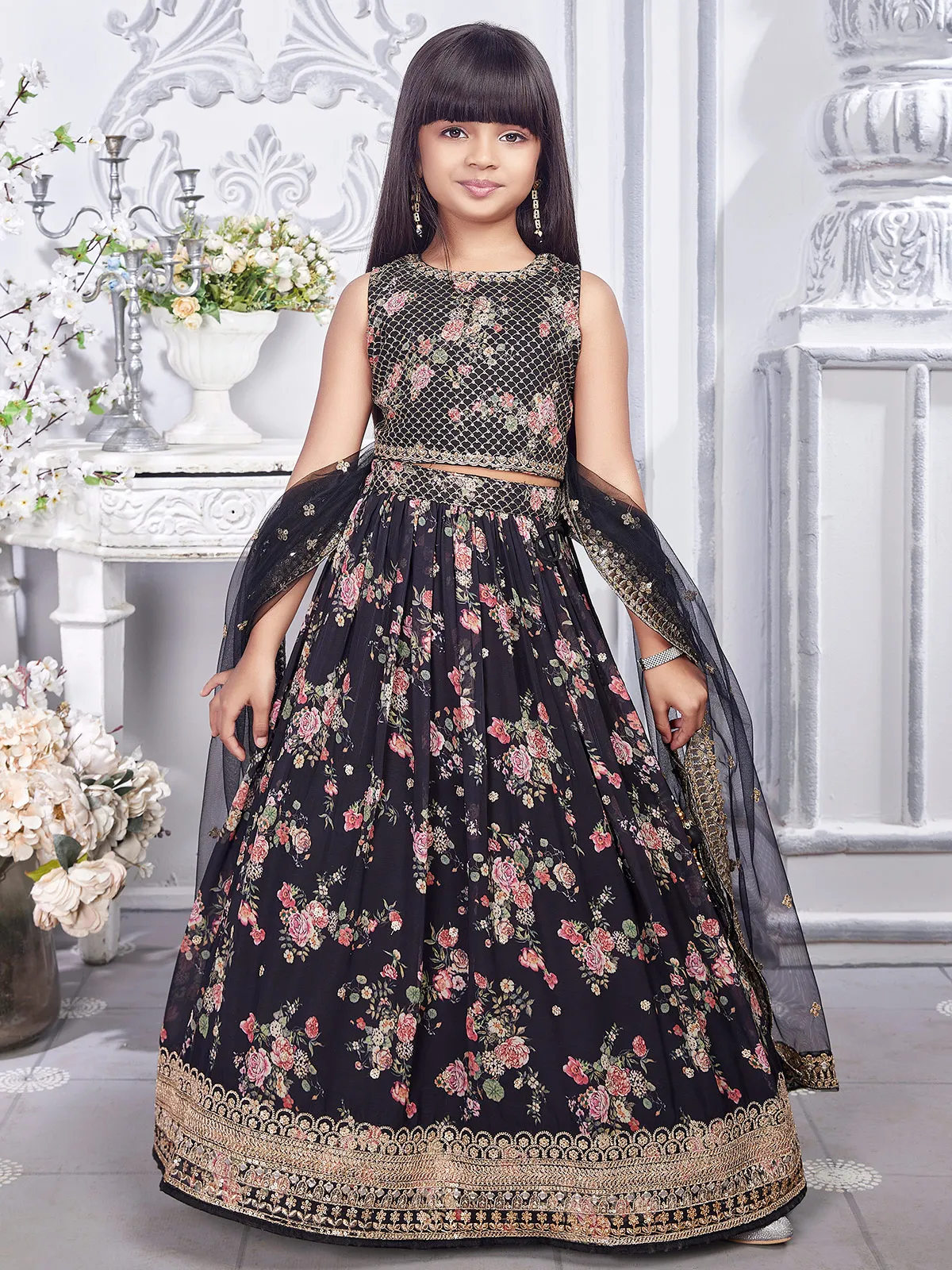 Black georgette printed wedding lehenga choli