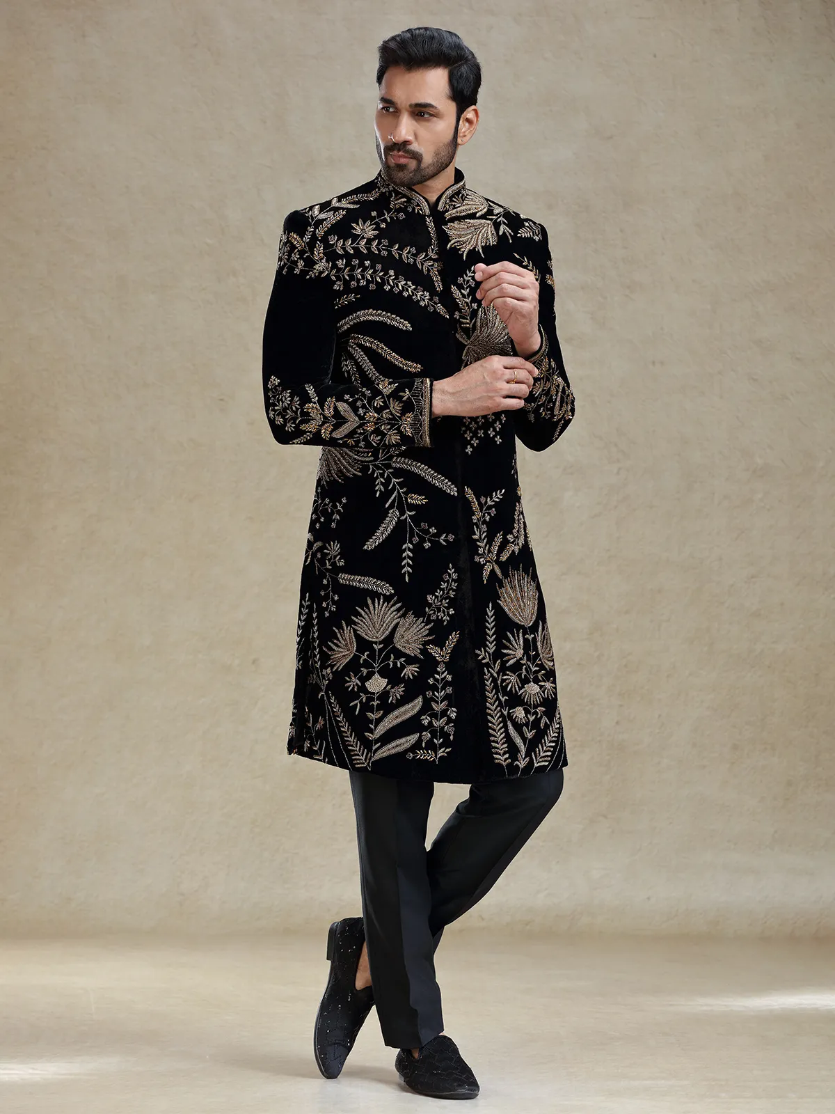 Black golden zardosi worked velvet long sherwani for men