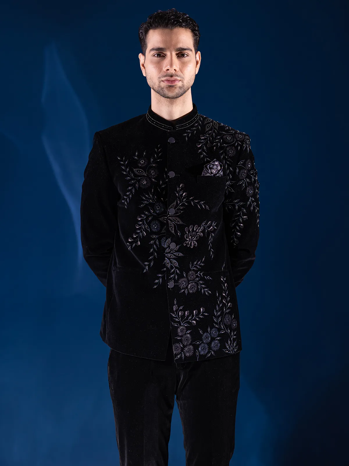 Black indowestern in velvet for men