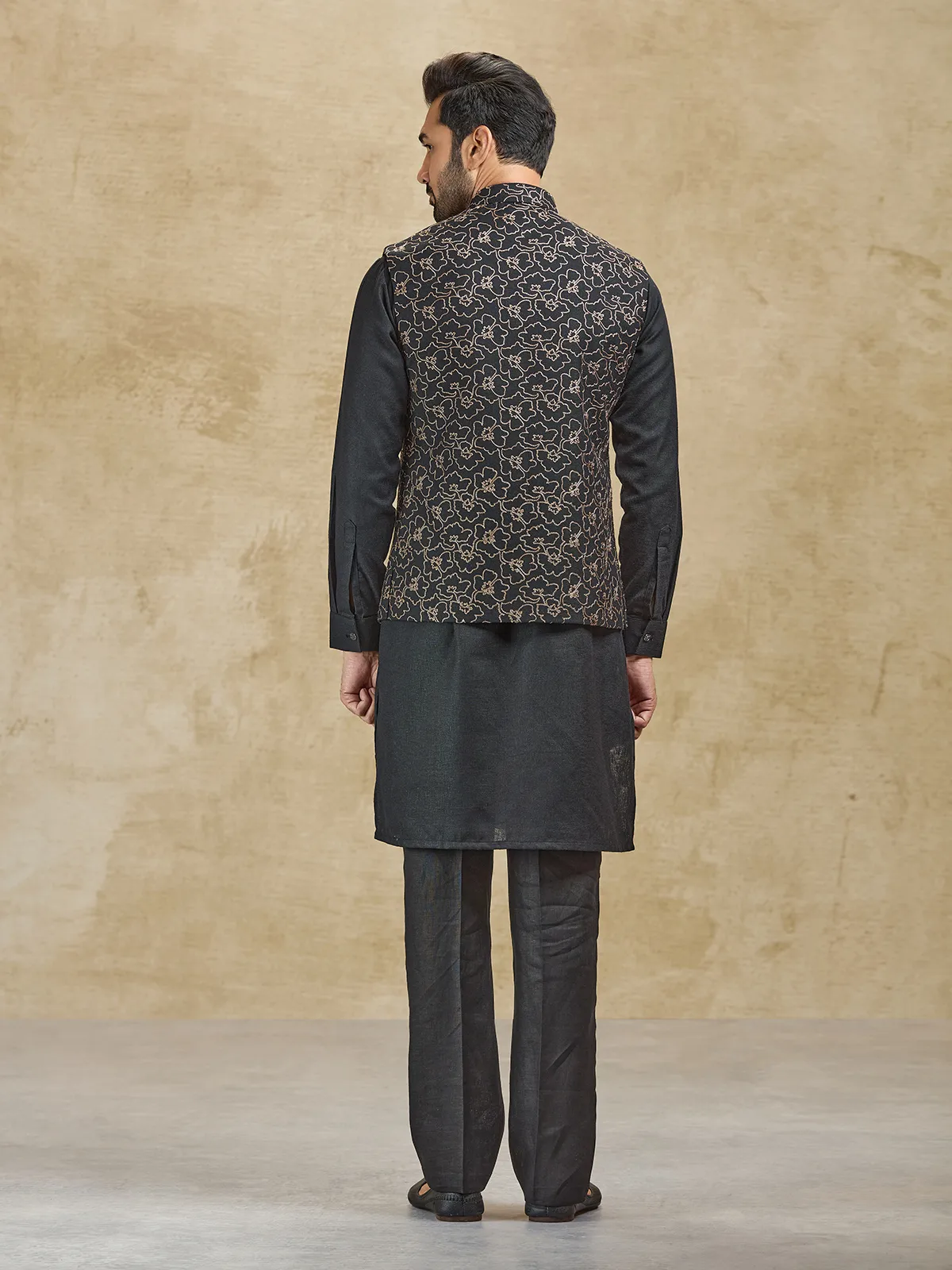 Black jacquard woven silk waistcoat set for men
