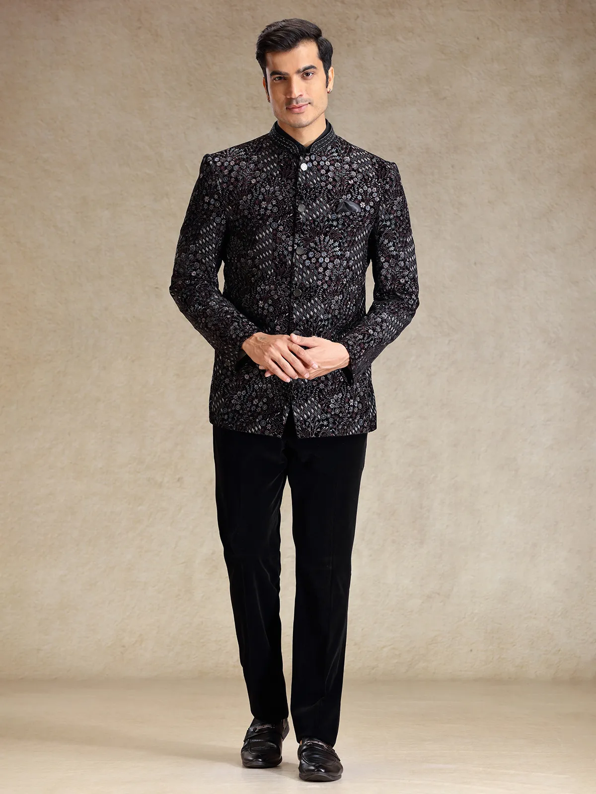 Black jodhpuri suit in multi color embroidery
