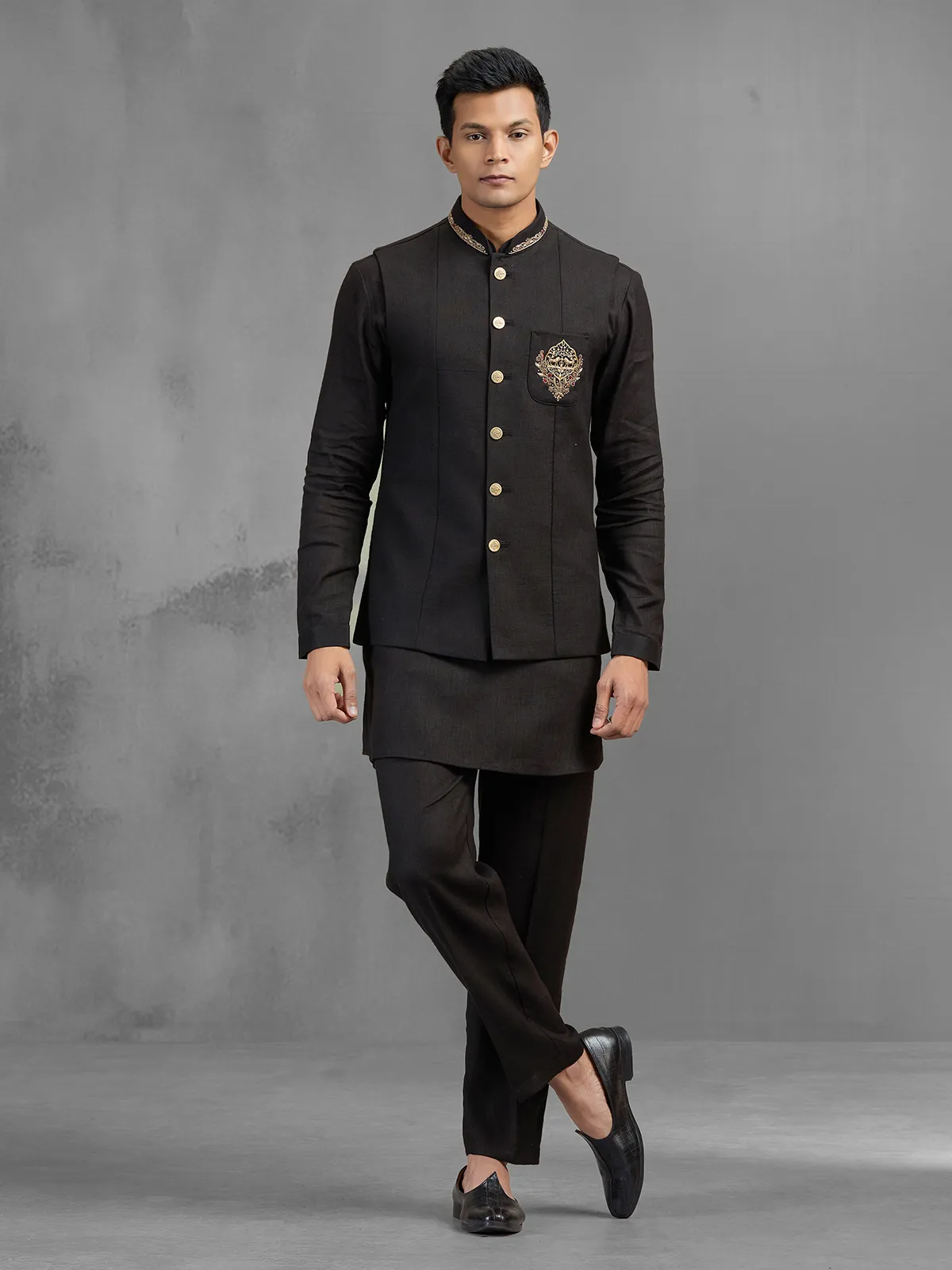Black linen crest brooch embroidered festive waistcoat set
