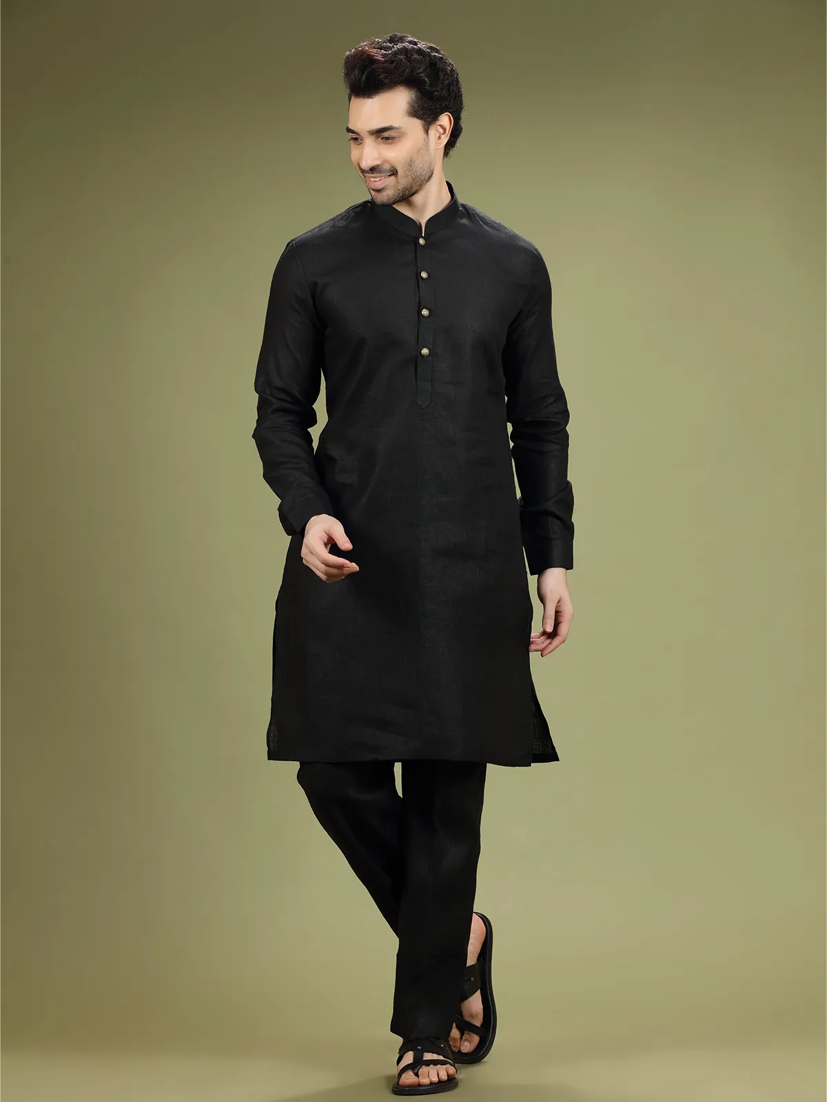 Black linen plain  Men Kurta pajama