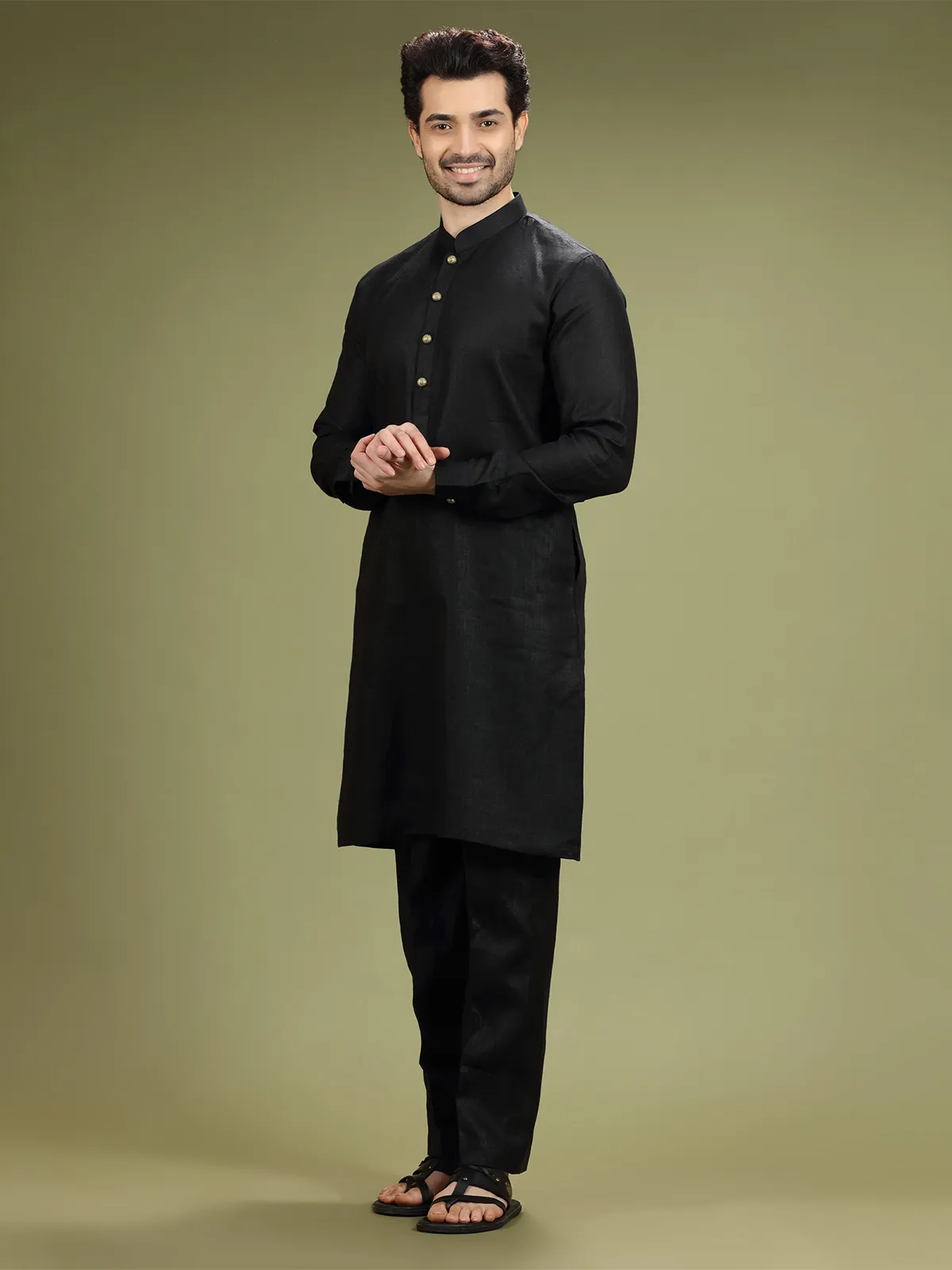 Black linen plain kurta suit