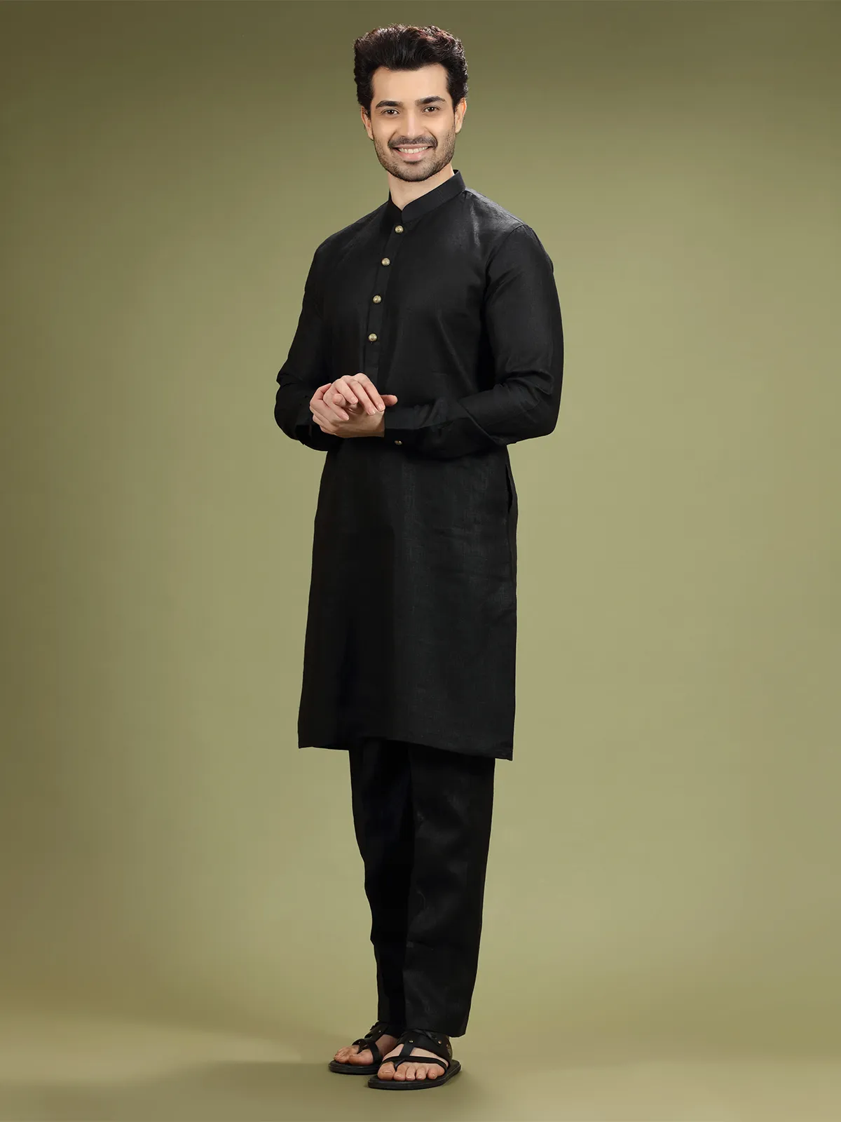 Black linen plain  Men Kurta pajama