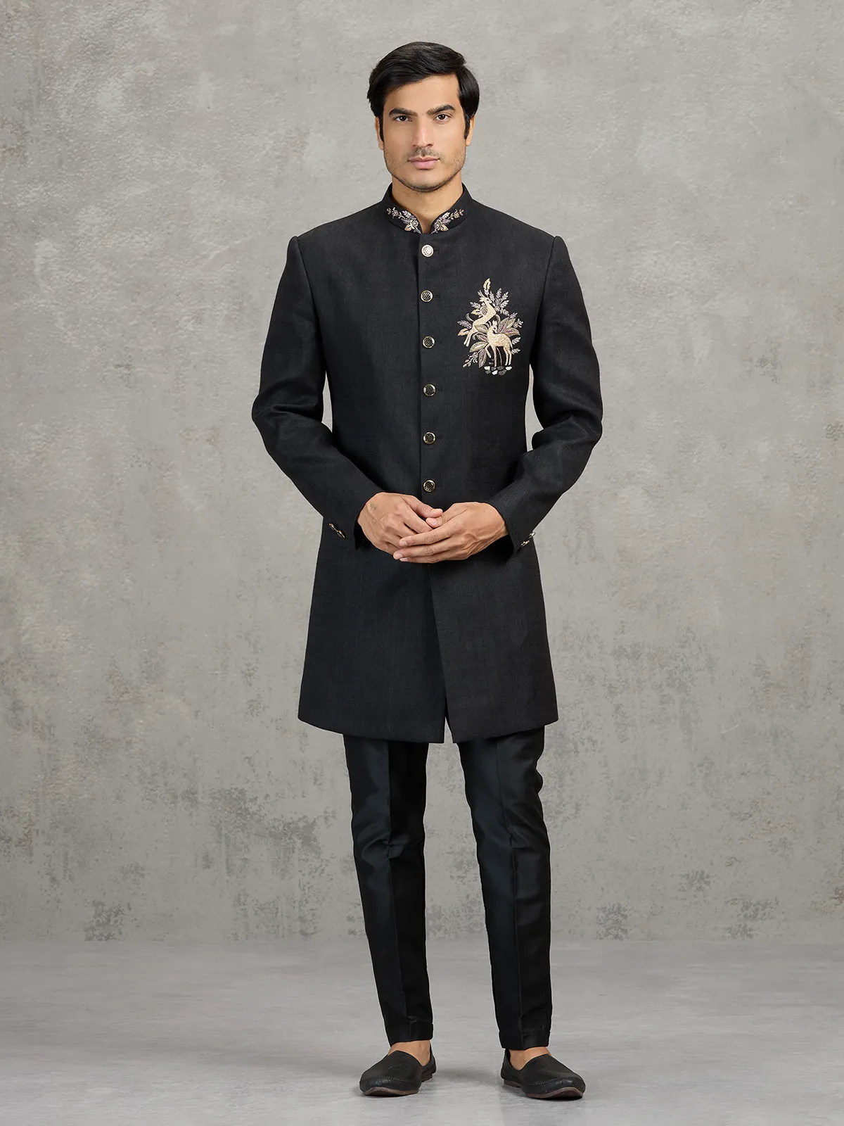 Black linen viscose wedding indowestern set with detailed crest work