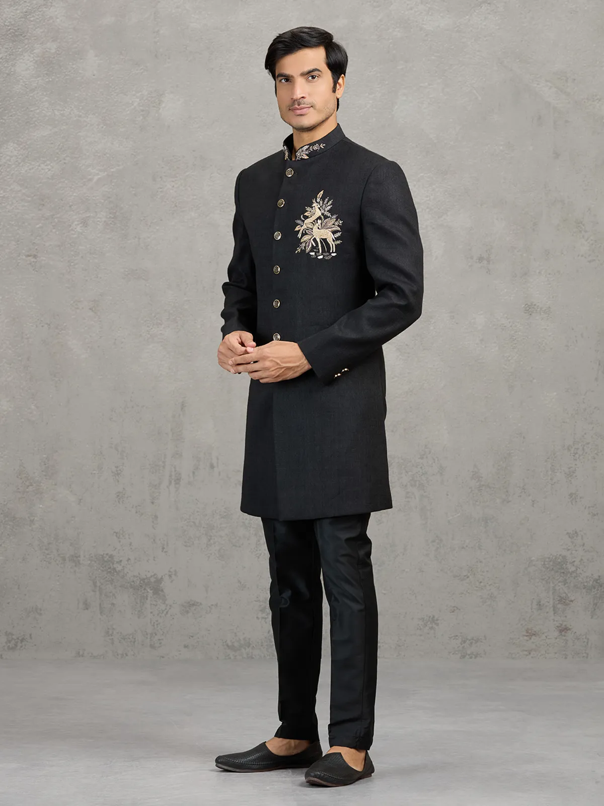 Black linen viscose wedding indowestern set with detailed crest work