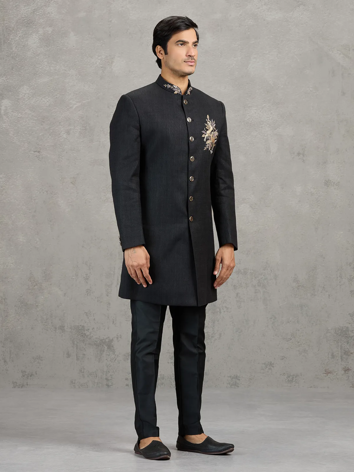 Black linen viscose wedding indowestern set with detailed crest work