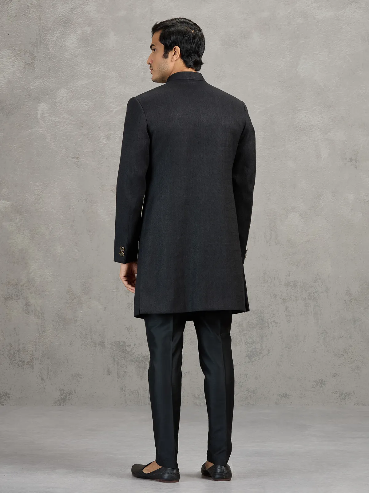 Black linen viscose wedding indowestern set with detailed crest work