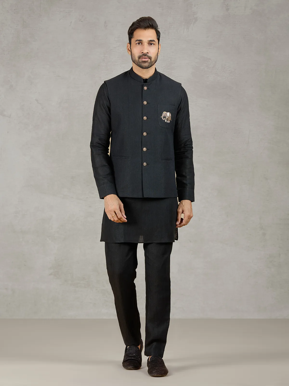 Black linen waistcoat set with zari elephant embroidery