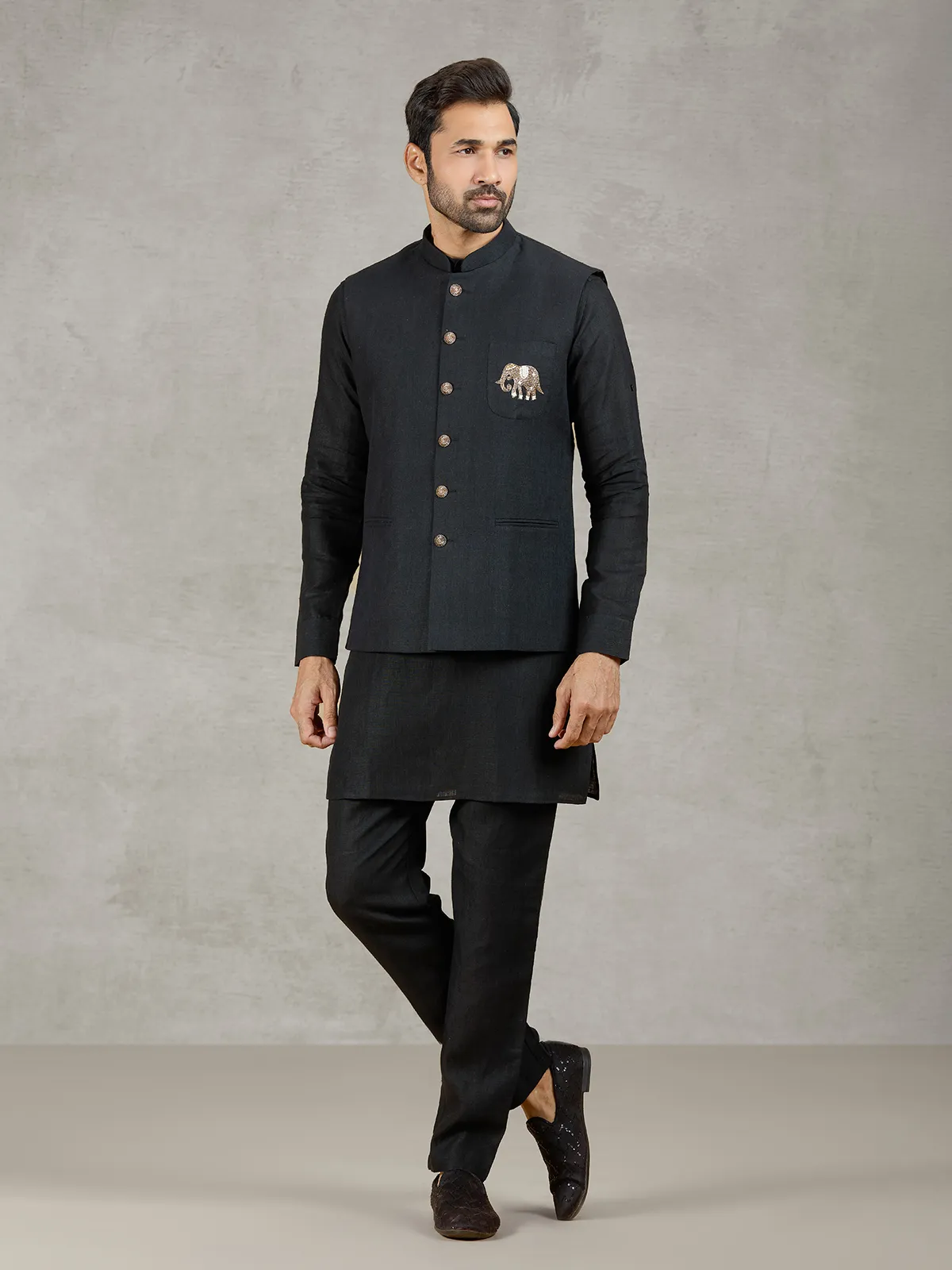 Black linen waistcoat set with zari elephant embroidery