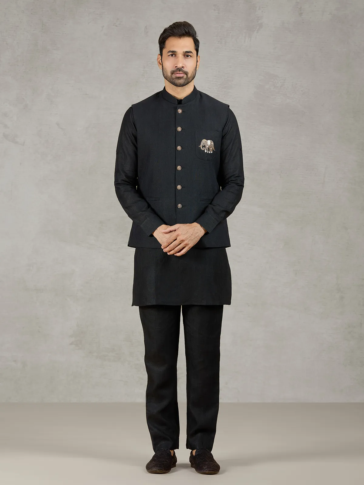 Black linen waistcoat set with zari elephant embroidery