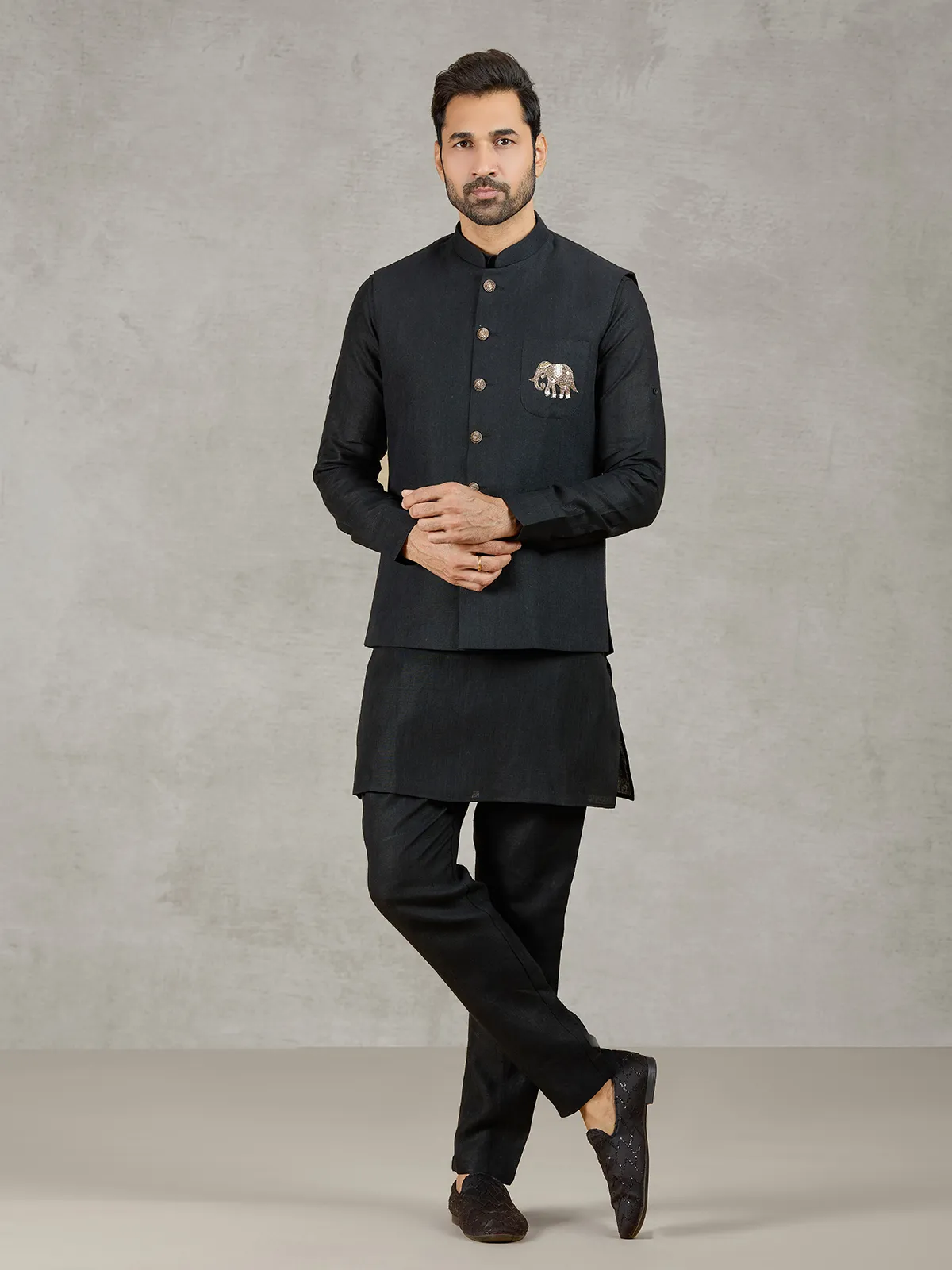 Black linen waistcoat set with zari elephant embroidery