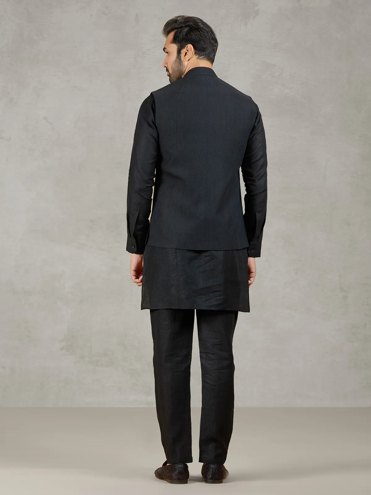 Black linen waistcoat set with zari elephant embroidery