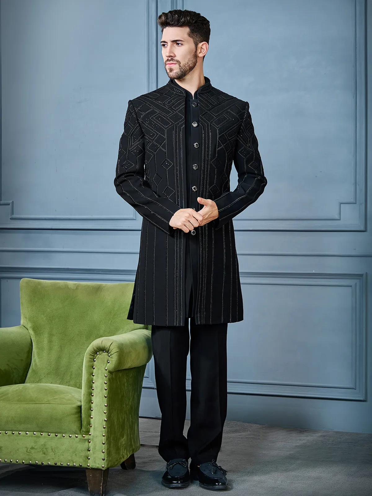 indowestern black dress Black Indowestern Dress with Belt & Full Sleeves main image 1
