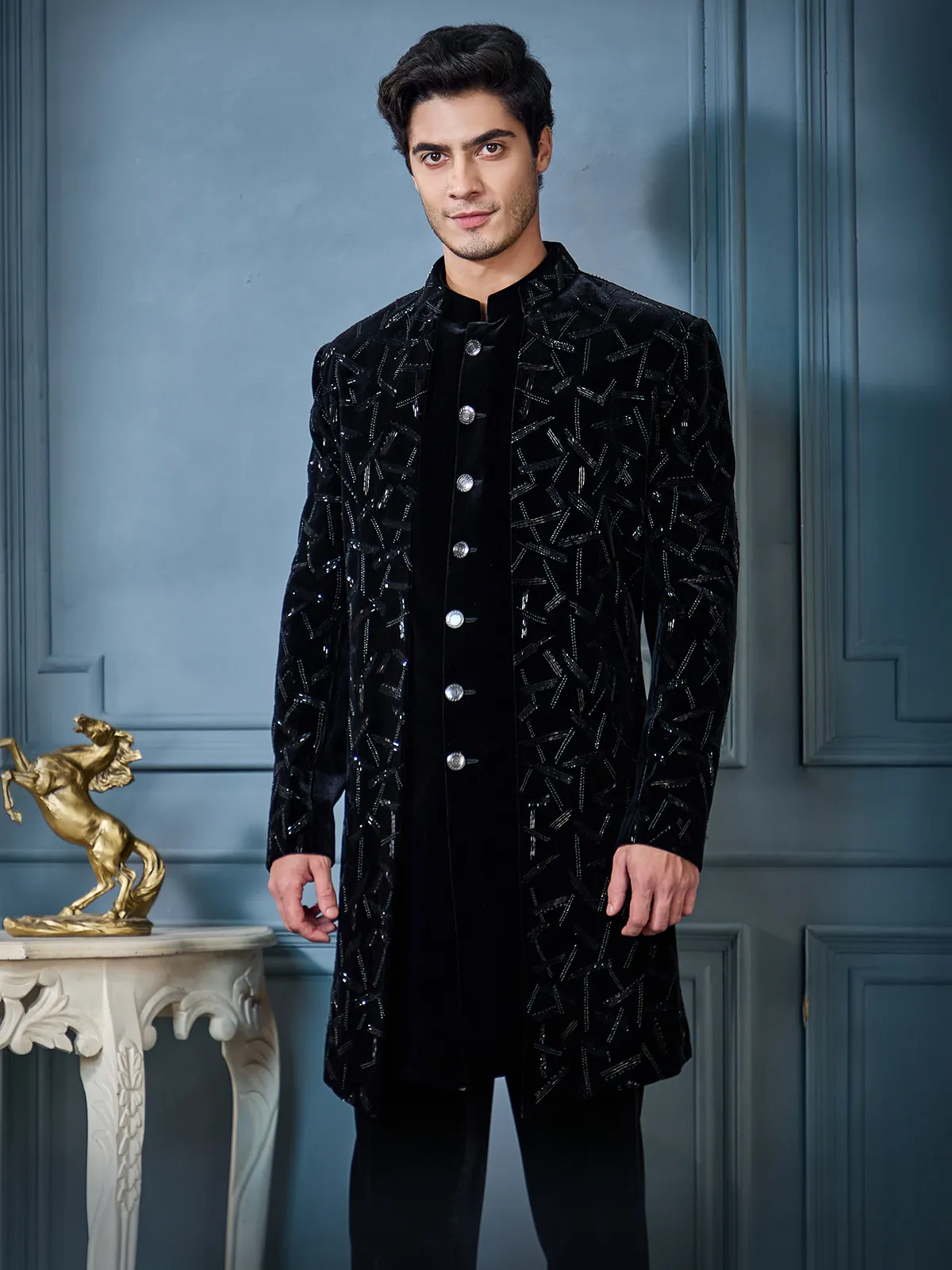 Black Open Long Indo Western in Velvet Fabric Black Open Long Indo Western in Velvet Fabric