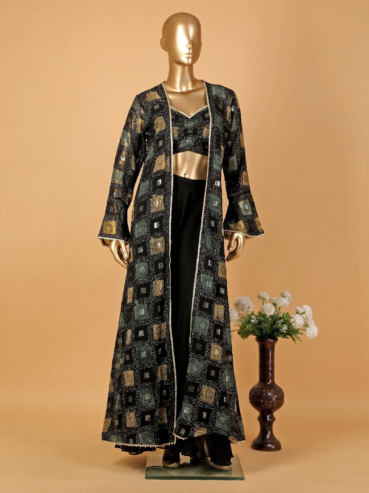 Black palazzo suit with printed shrug