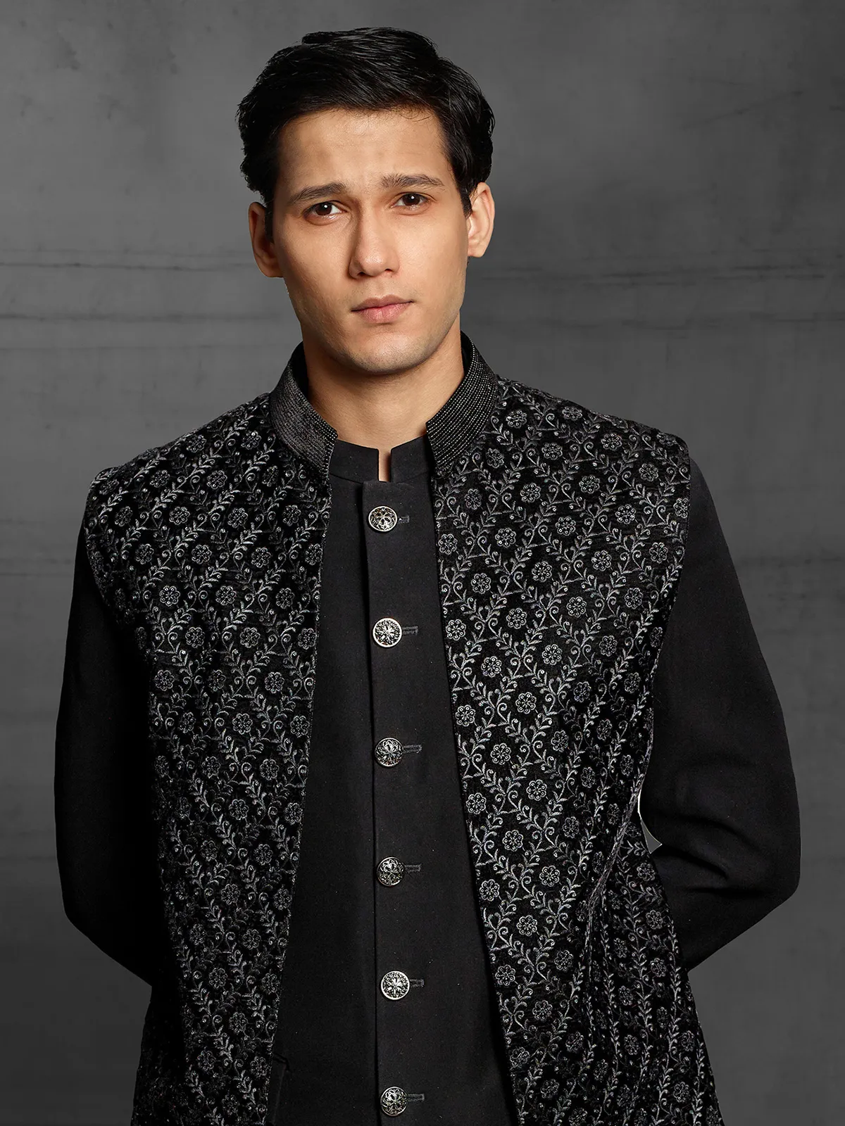 Black party wear black jodhpuri suit in terry rayon