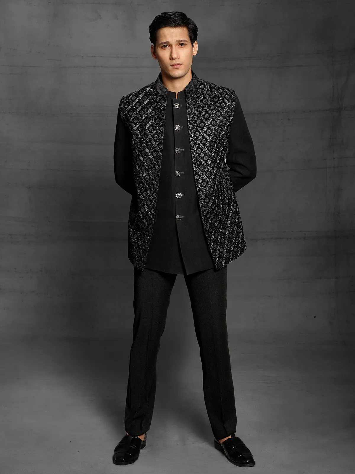 Black party wear black jodhpuri suit in terry rayon