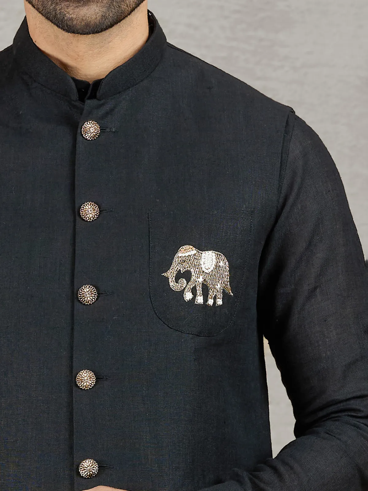 Black linen party wear waistcoat with shirt and embellished crest