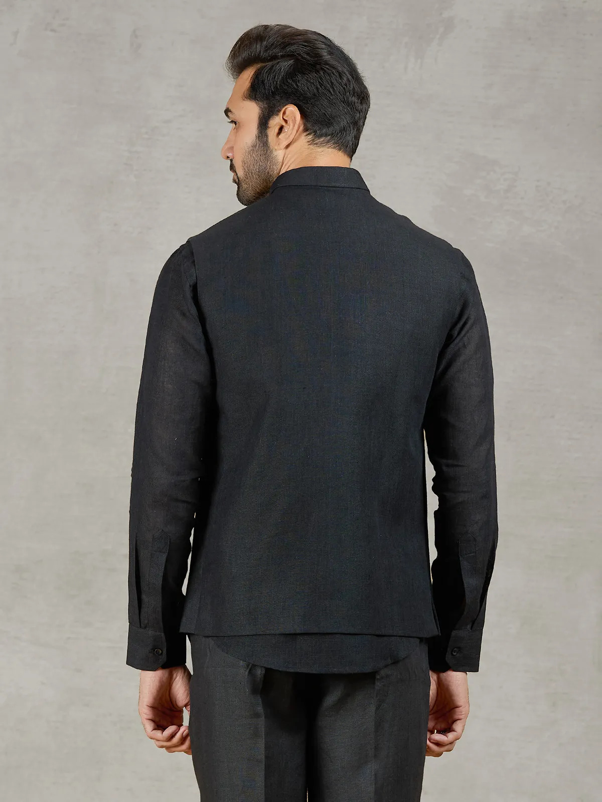 Black linen party wear waistcoat with shirt and embellished crest