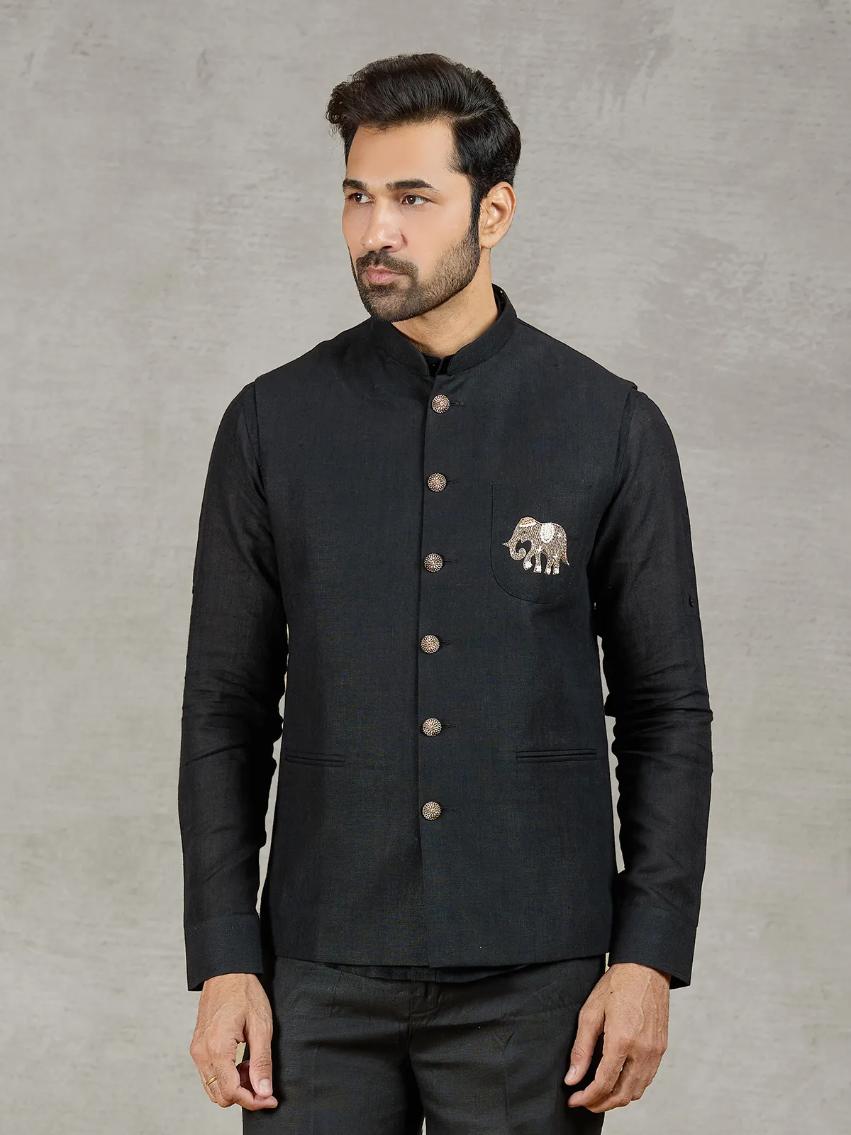 Black linen party wear waistcoat with shirt and embellished crest