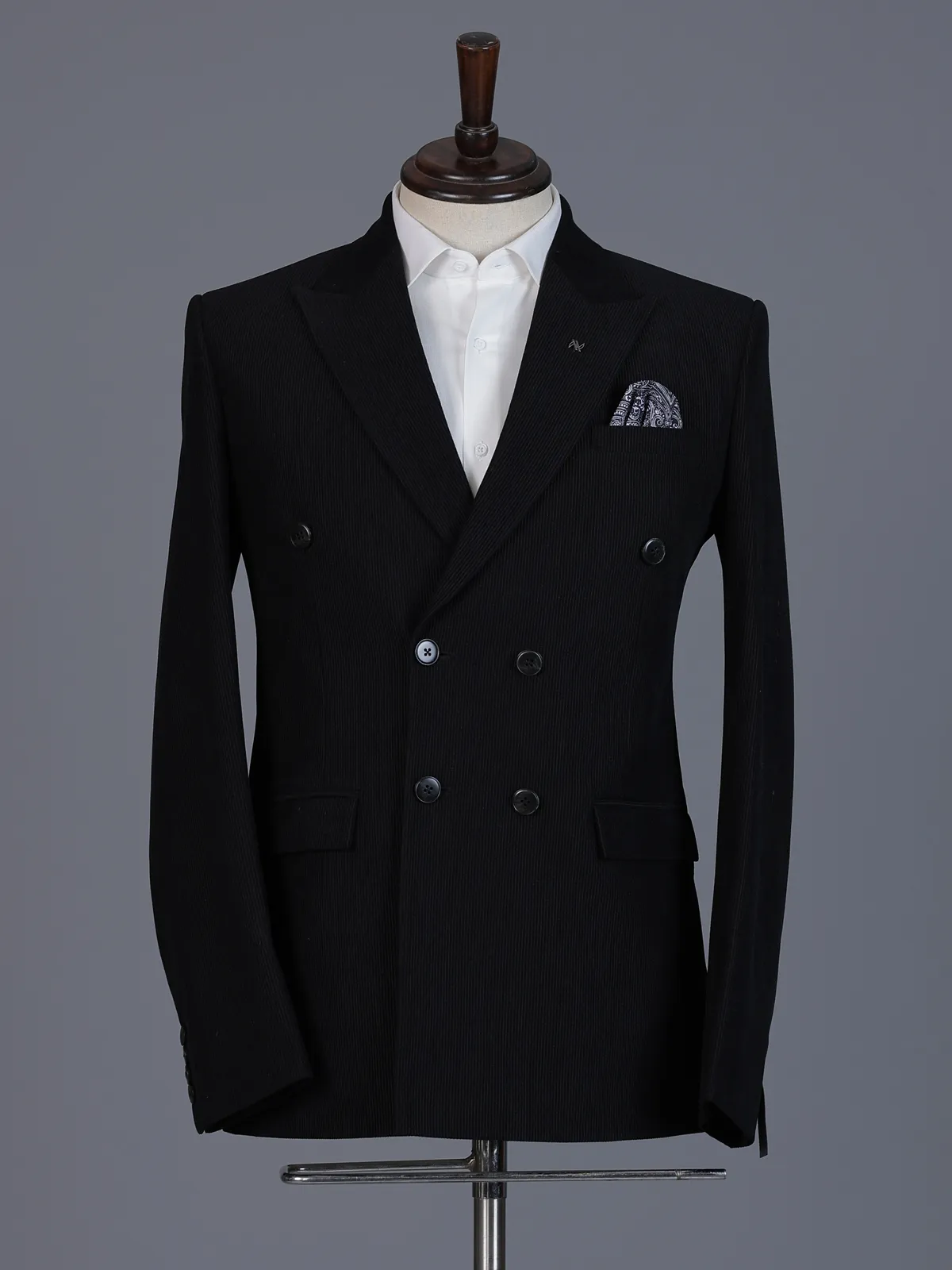 Black pinstripe formal double breasted suit with wide peak lapel