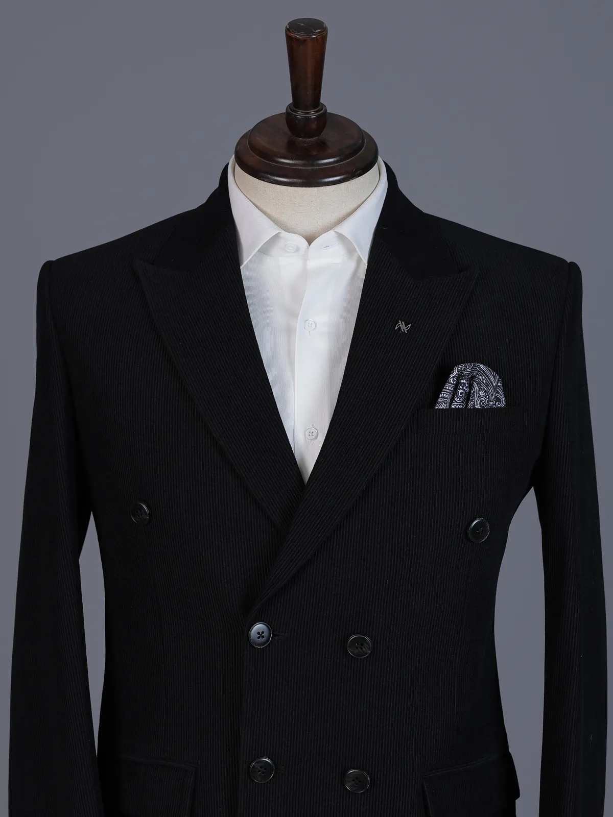 Black pinstripe formal double breasted suit with wide peak lapel