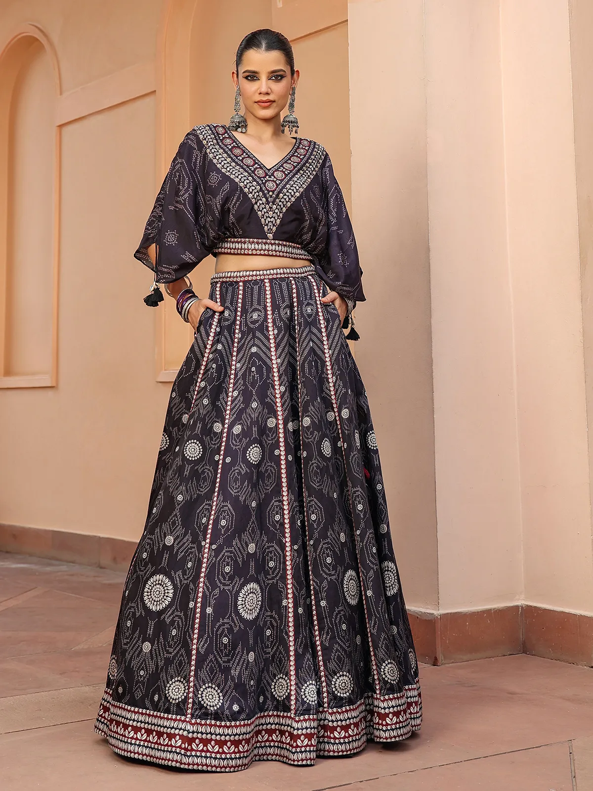 Black printed raw silk crop top with lehenga