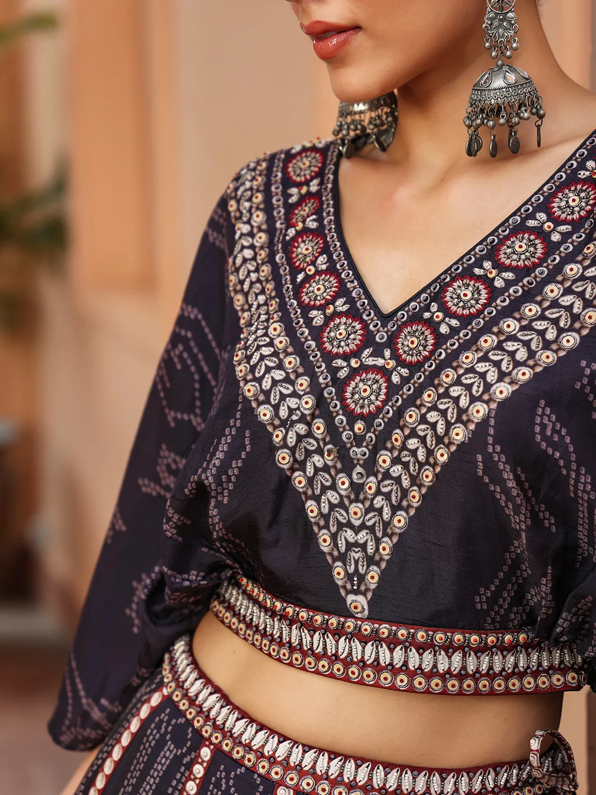 Black printed raw silk crop top with lehenga