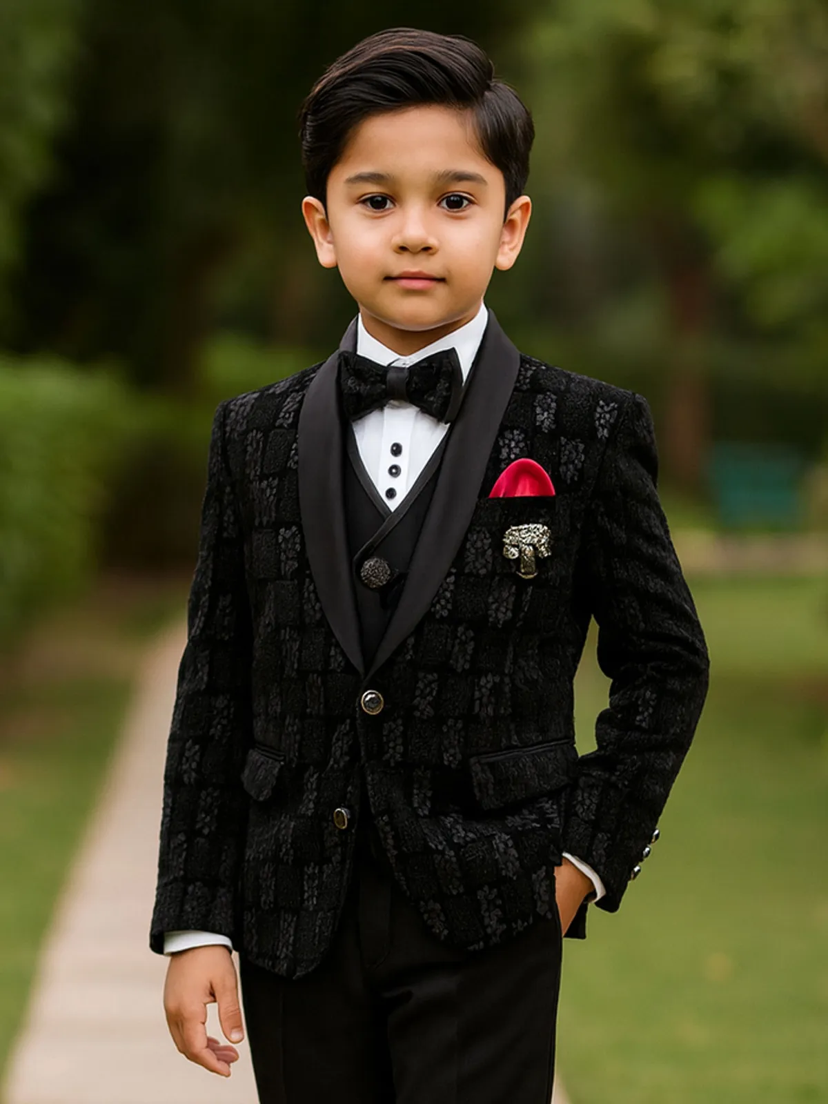 Black printed terry rayon coat suit for for boys