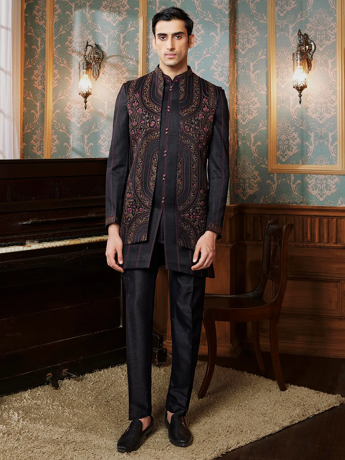 Black raw silk Semi-Indowestern for man