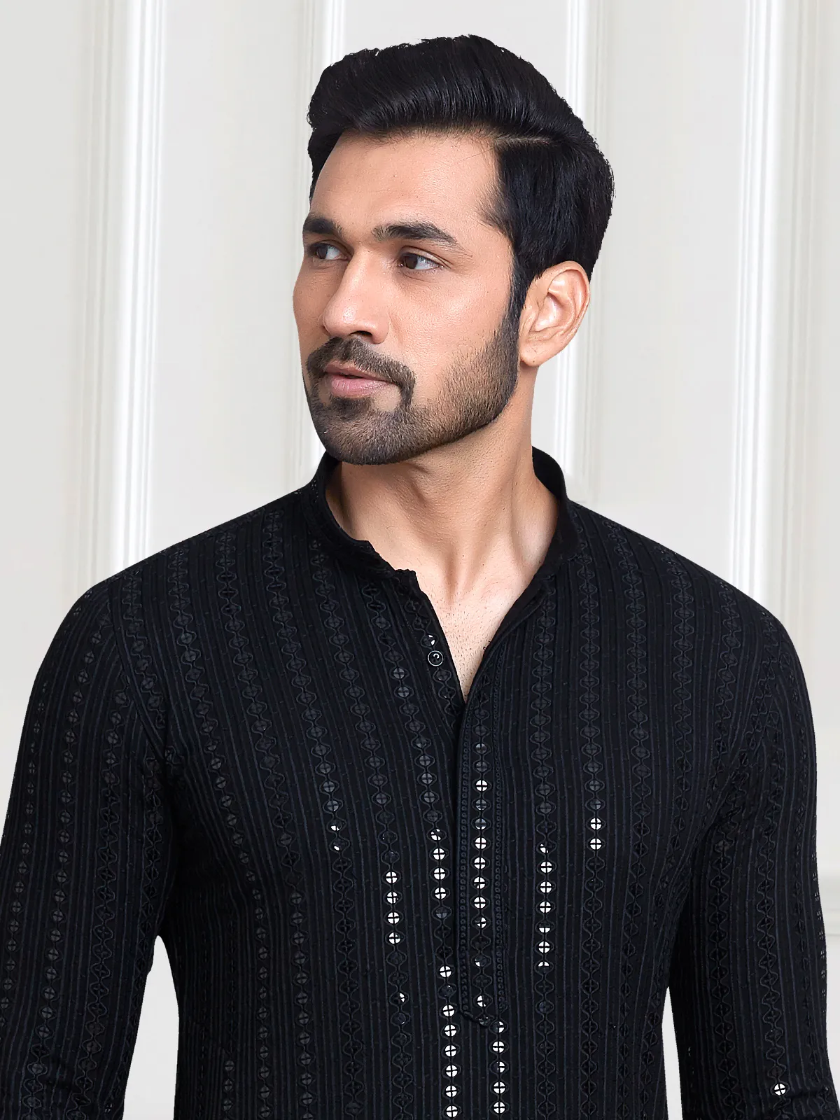 Black rayon cotton kurta with peshawari dhoti